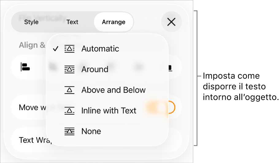 Controlli di “Contorna con testo” con impostazioni per Automatico, Intorno, “Sopra e sotto”, “In linea con il testo” e Nessuna.
