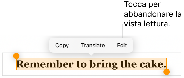 Viene selezionata una frase e al di sopra di essa si trova un menu contestuale con i pulsanti Copia e Modifica.
