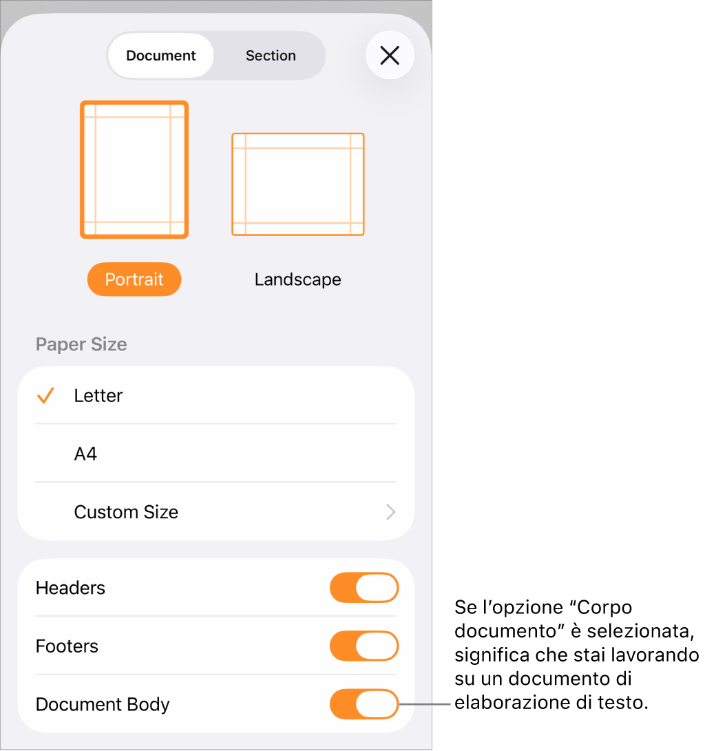 Impostazione documento aperta con la spunta su Corpo documento in un documento di elaborazione di testo.