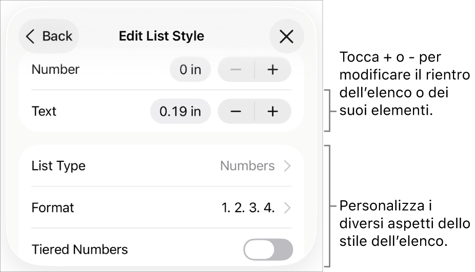 Il menu “Modifica stili elenco” con i controlli per la spaziatura dei rientri, i diversi tipi di elenchi e formati, i numeri in pila e le opzioni per “Spaziatura linea”.