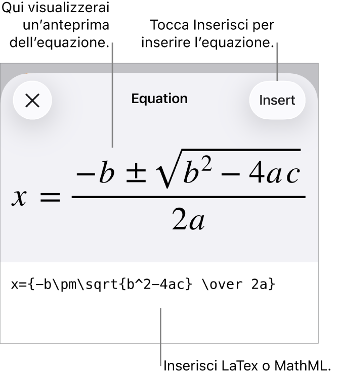 La finestra di dialogo Equazione che mostra l’equazione scritta tramite comandi MathML e un’anteprima della formula di cui sopra.