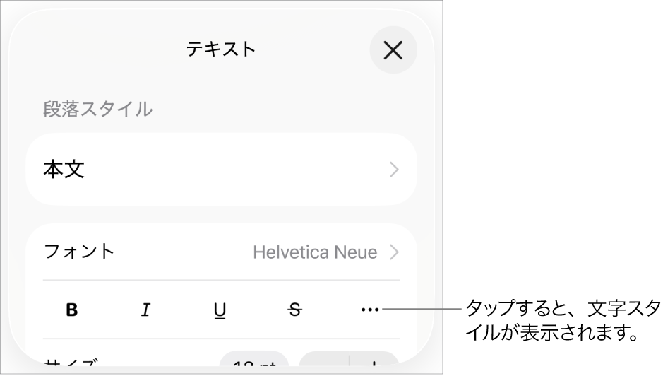 「フォーマット」コントロール。「ボールド」、「イタリック」、「アンダーライン」、「取り消し線」、および「その他のテキストオプション」のボタンがあります。