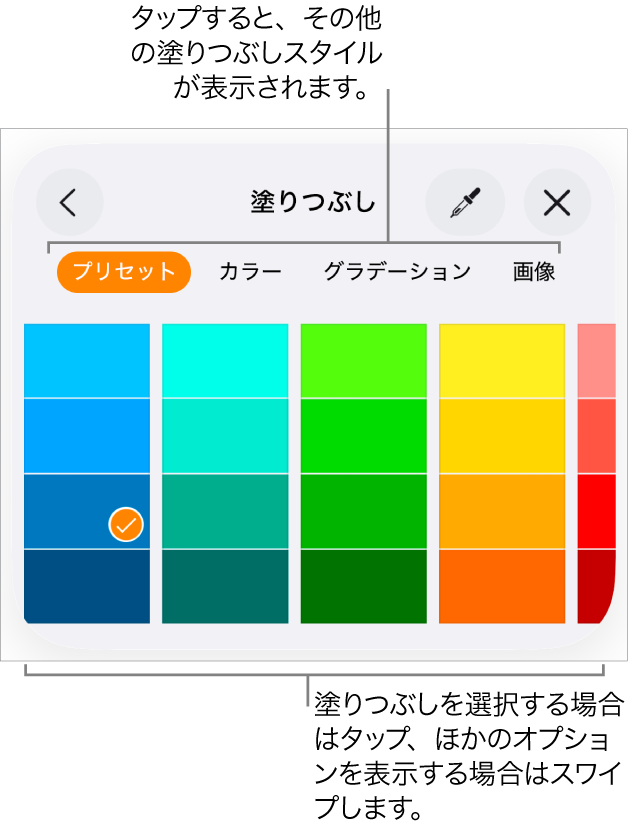 「フォーマット」ボタンの「スタイル」タブの「塗りつぶし」のオプション。