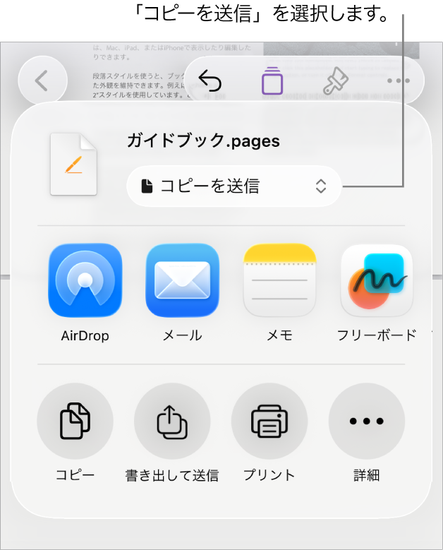 「共有」メニュー。上部で「コピーを送信」が選択されています。