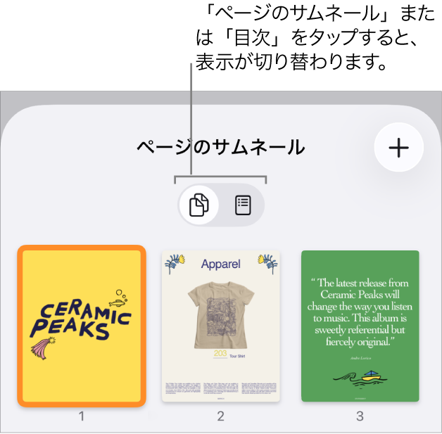 ページのサムネール表示。各ページのサムネール画像が表示されています。画面下部に「ページのサムネール」ボタンと「目次」ボタンが表示されます。