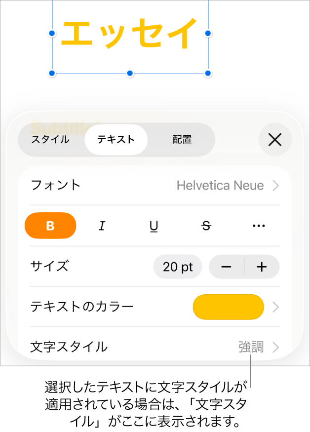 「テキスト」フォーマットコントロール。「カラー」コントロールの下に「文字スタイル」があります。文字スタイル「None」にアスタリスクが付いて表示されています。