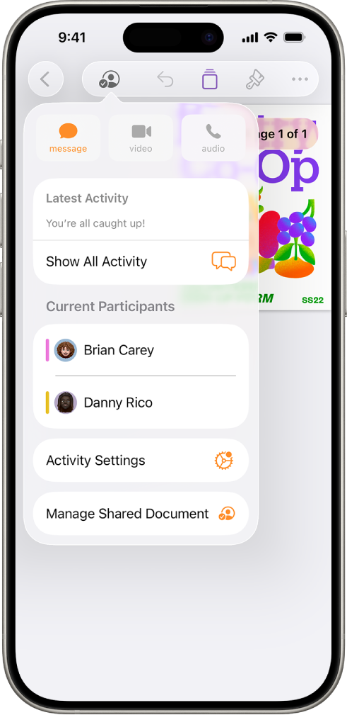 문서에서 공동으로 작업하는 사람들의 이름을 나타내는 공동 작업 메뉴.