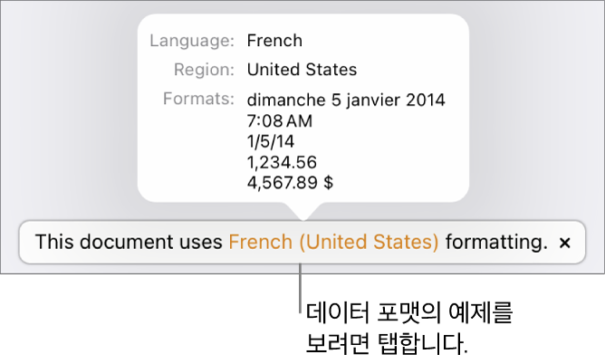 해당 언어 및 지역 포맷의 예제가 표시된 다른 언어 및 지역 설정 알림입니다.