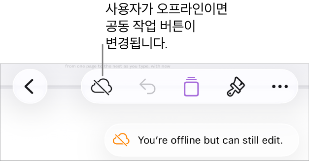 화면 상단의 버튼 중, 공동 작업 버튼이 대각선이 있는 구름으로 바뀜. ‘오프라인이지만 편집할 수는 있습니다.’라는 경고가 화면에 있음.
