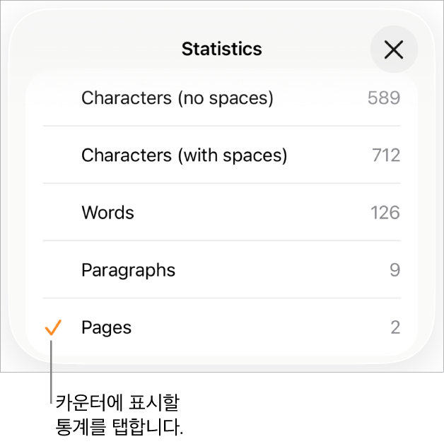공백 포함 및 공백 미포함 문자 수, 단락 수, 페이지 수를 보여주는 옵션을 표시하는 통계 메뉴.