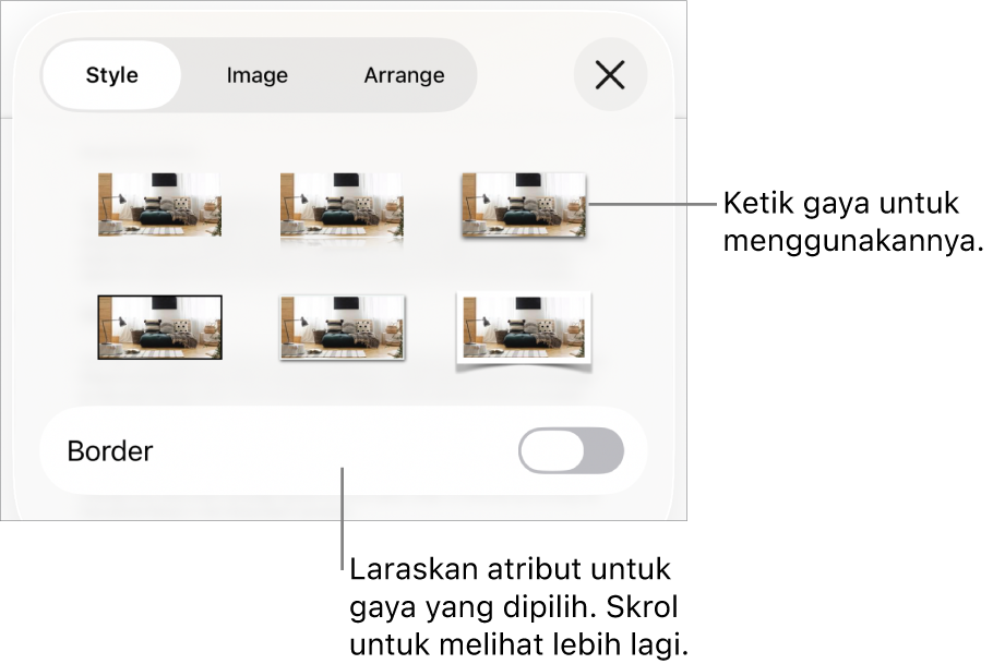 Anak tetingkap Gaya pada butang Format dengan gaya objek di bahagian atas dan kawalan di bawahnya untuk menukar jidar.