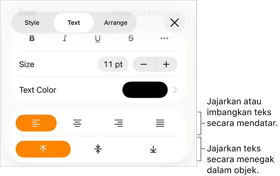 Bahagian Tataletak dengan petak bual ke butang penjajaran dan jarak teks.
