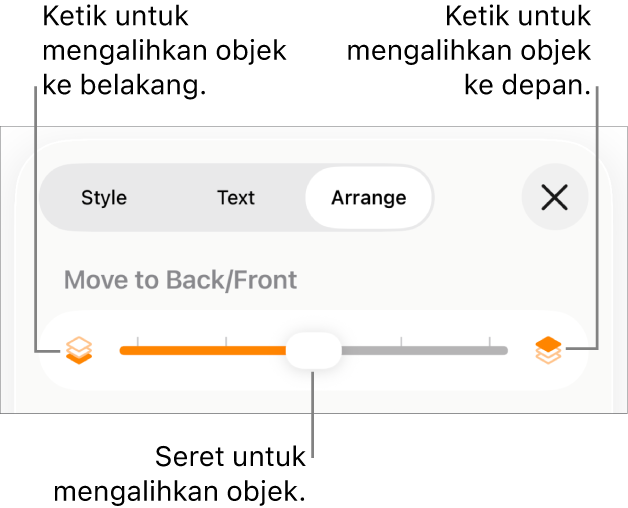 Butang Bergerak Ke Depan, butang Bergerak Ke Belakang dan gelangsar lapisan.