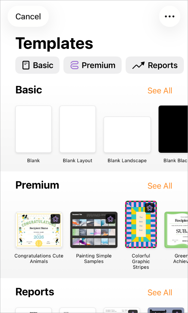 Pemilih templat menunjukkan baris kategori merentas bahagian atas yang anda boleh ketik untuk menapis pilihan. Di bawah ialah imej kecil templat yang diprareka bentuk disusun dalam baris mengikut kategori, bermula dengan Baharu di bahagian atas dan diikuti oleh Terbaru dan Asas. Butang Lihat Semua kelihatan di atas dan di sebelah kanan setiap baris kategori. Butang Bahasa dan Rantau berada di penjuru kanan atas.