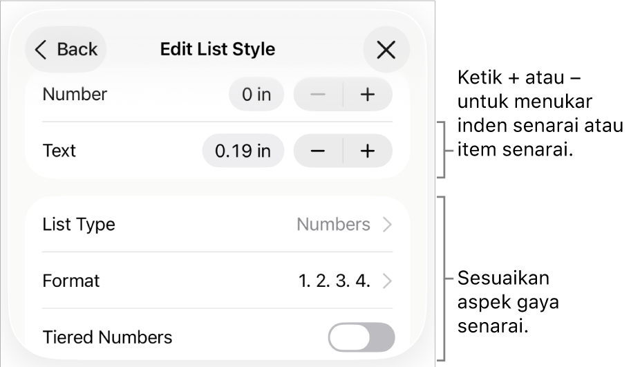 Menu Edit Gaya Senarai dengan kawalan untuk jarak inden, jenis dan format senarai, nombor berperingkat dan jarak baris.