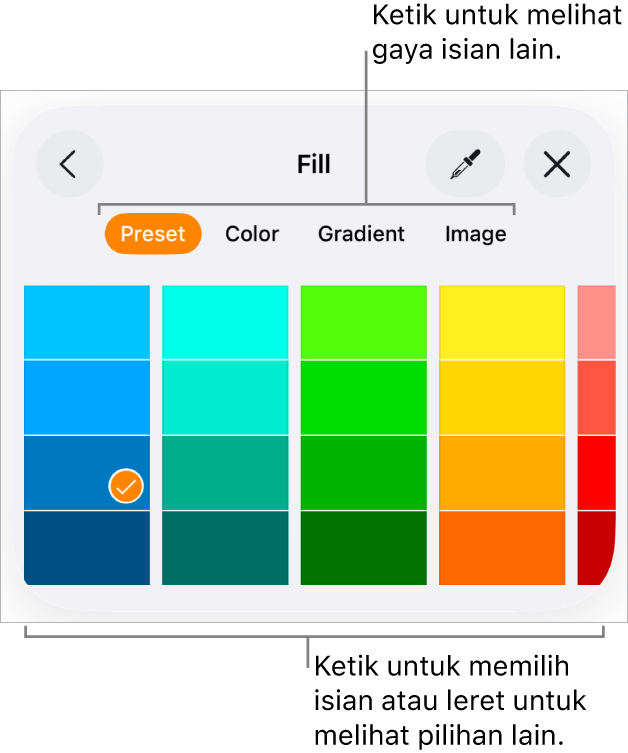 Pilihan Isian dalam anak tetingkap Gaya pada butang Format.