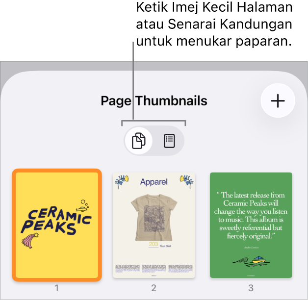 Paparan Imej Kecil Halaman dengan imej kecil setiap halaman. Butang Imej Kecil Halaman dan butang Senarai Kandungan adalah di bahagian bawah skrin.