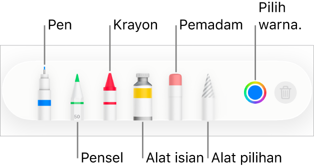 Bar alat melukis dalam Pages pada iPhone dengan pen, pensel, krayon, alat isian, pemadam, alat pilihan dan perigi warna menunjukkan warna semasa.