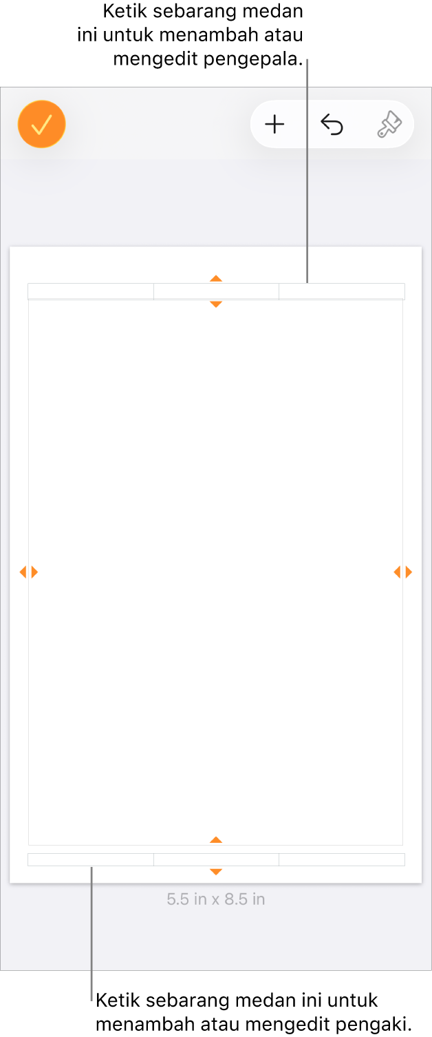 Paparan Pilihan Lanjut dengan tiga medan di bahagian atas dokumen untuk pengepala dan tiga medan di bahagian bawah untuk pengaki.