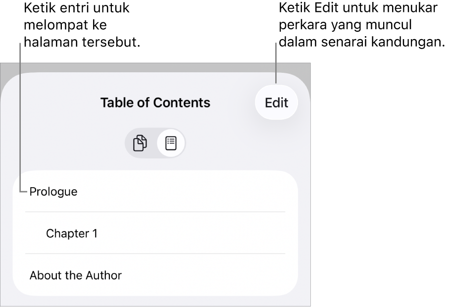 Paparan senarai kandungan dengan pengepala dalam senarai. Butang Edit berada di penjuru kanan atas dan di bahagian bawah adalah butang Imej Kecil Halaman dan Senarai Kandungan.