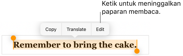 Ayat dipilih dan di atasnya ialah menu kontekstual dengan butang Salin dan Edit.