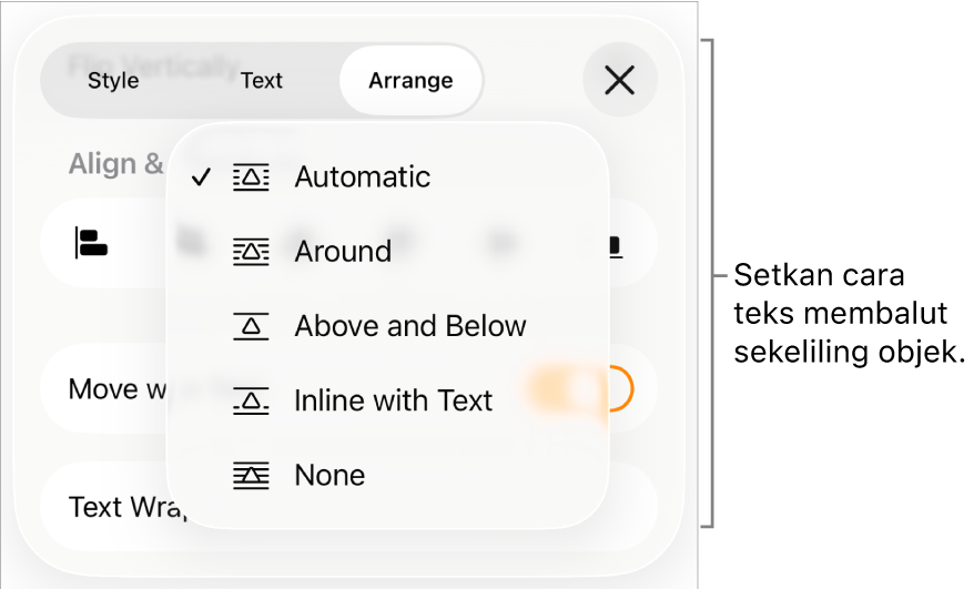 Kawalan Balut Teks dengan Seting untuk Automatik, Di Sekeliling, Atas dan Bawah, Sebaris dengan Teks dan Tiada.