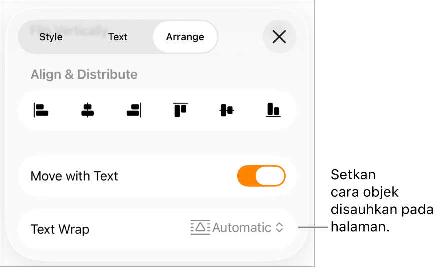 Kawalan Susun dengan Alihkan dengan Teks dan Balut Teks.