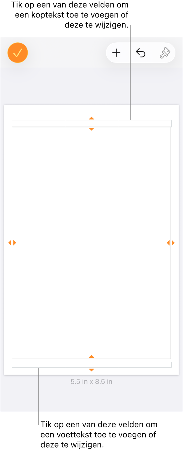 De weergave 'Meer opties' met drie velden bovenaan het document voor kopteksten en drie velden onderaan het document voor voetteksten.