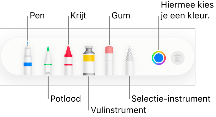 De knoppenbalk voor tekenen in Pages op de iPhone met een pen, potlood, krijt, vulinstrument, gum en selectie-instrument en een kleurenvak met de huidige kleur.