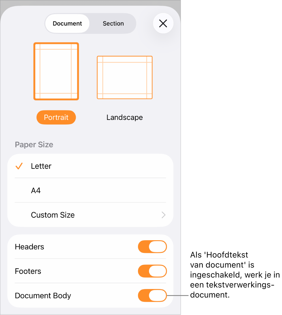 Het paneel 'Documentontwerp' met 'Hoofdtekst van document' ingeschakeld in een tekstverwerkingsdocument.