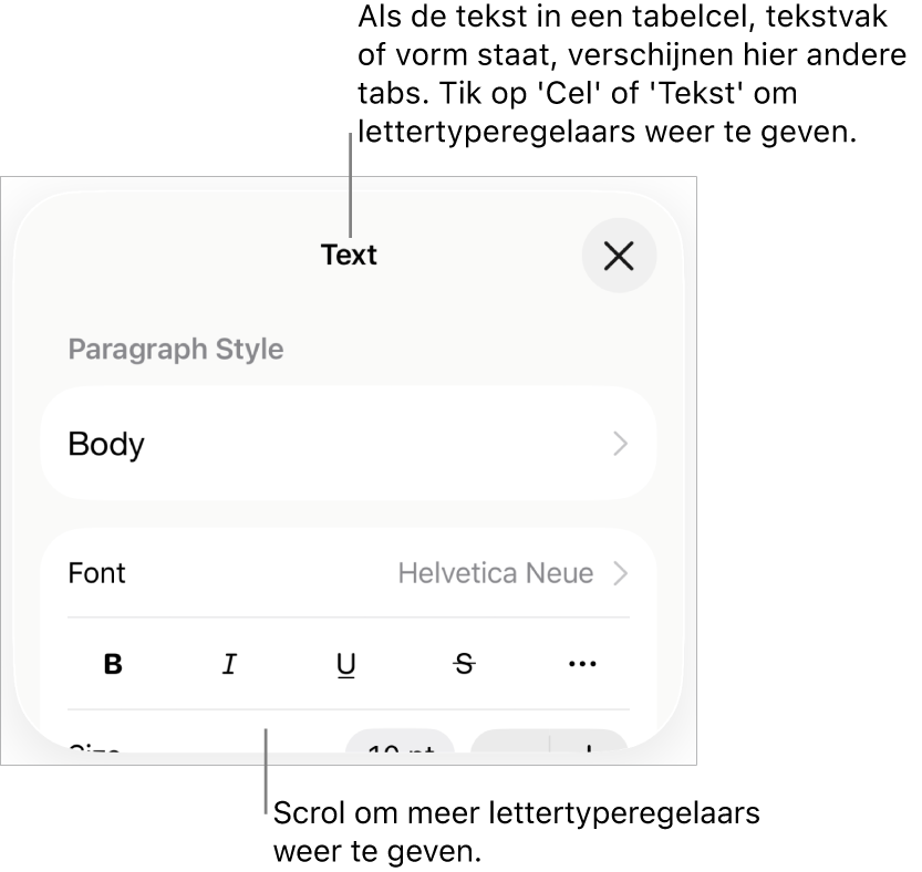 Tekstregelaars in het opmaakmenu voor het instellen van alinea- en tekenstijl, lettertype, lettergrootte en kleur.
