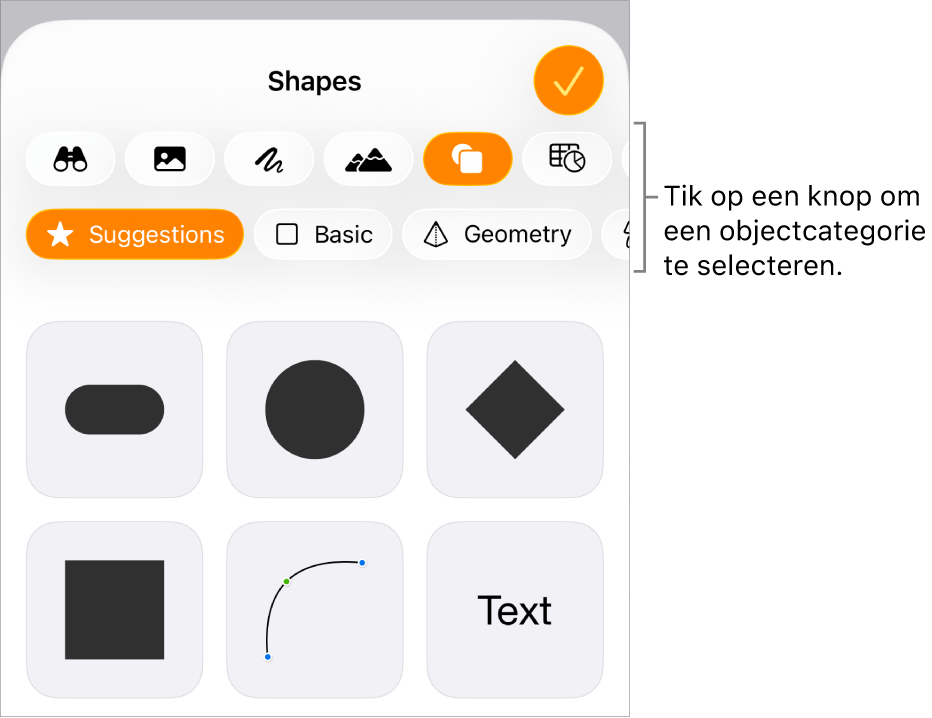 De invoegregelaars met bovenin knoppen voor het toevoegen van tabellen, diagrammen, tekst, vormen en media.