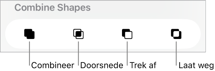 De knoppen 'Combineer', 'Doorsnede', 'Trek af' en 'Laat weg' onder 'Voeg vormen samen'.