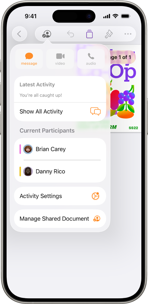 Het samenwerkingsmenu met daarin de namen van mensen die samen aan het document werken.