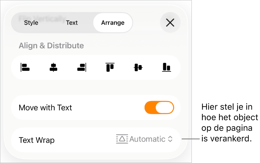 De ordenfuncties met 'Mee met tekst' en 'Tekstomloop'.