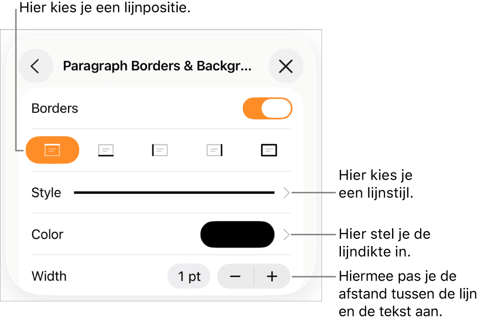 Regelaars voor het wijzigen van de stijl, dikte, positie en kleur van de lijn.