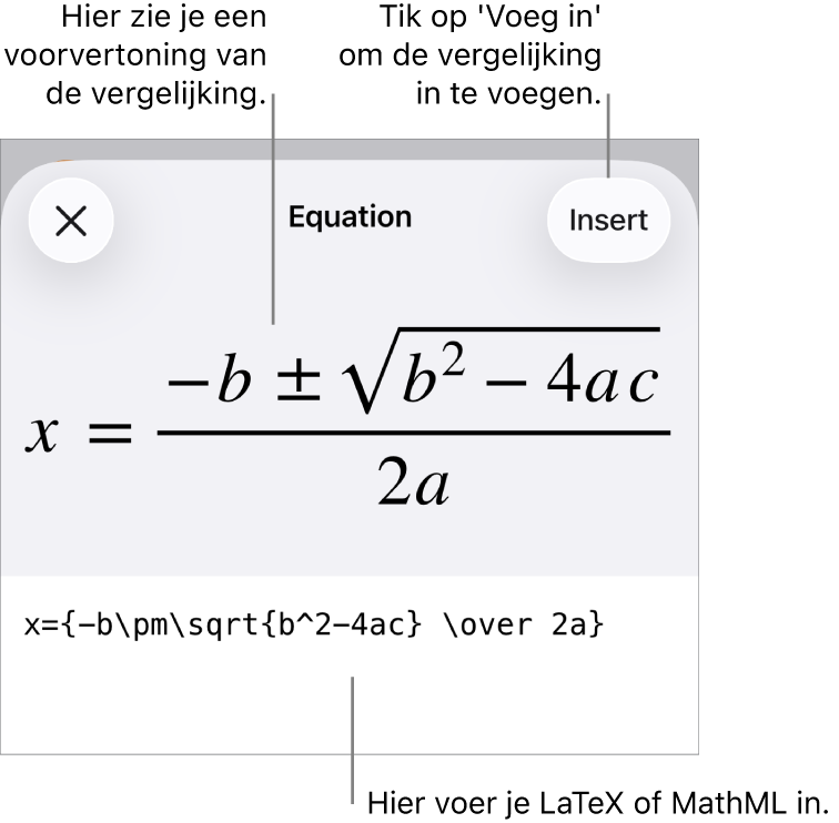 Het venster 'Vergelijking' met daarin een vergelijking die geschreven is met MathML-commando's en erboven een voorvertoning van de formule.