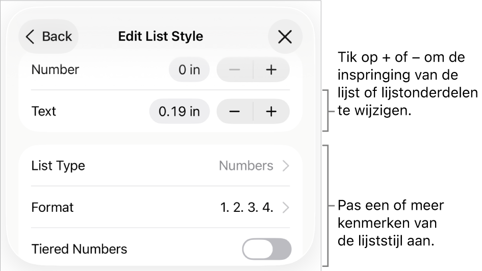Het menu 'Bewerk lijststijl' met regelaars voor de ruimte van de inspringing, het lijsttype en de notatie, gerangschikte nummers en de regelafstand.