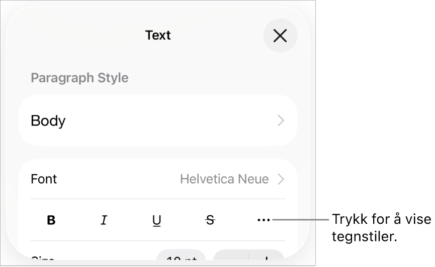 Format-kontrollene med Halvfet-, Kursiv-, Understreket-, Gjennomstreket- og Flere tekstvalg-knappene.