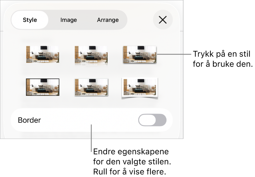 Stil-fanen i Format-menyen med objektstiler øverst og en kontroll under for å endre kantlinjen.