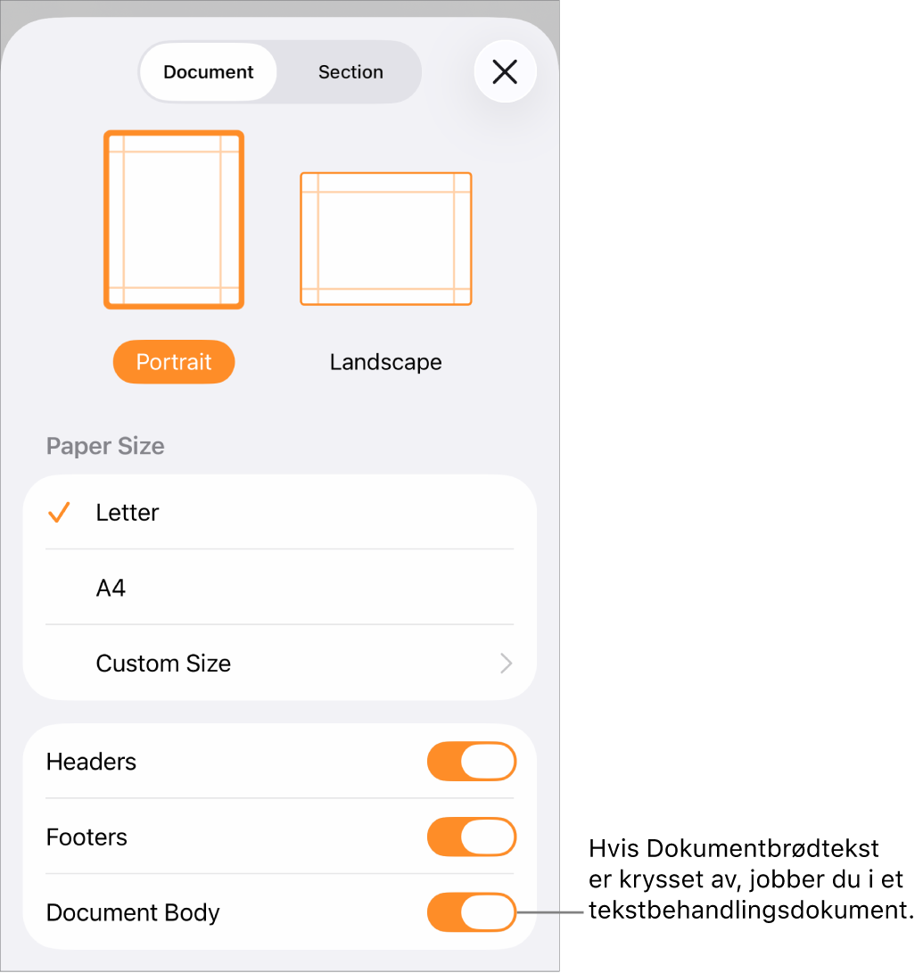 Et tekstbehandlingsdokument der Dokumentoppsett er åpent og Dokumentbrødtekst-avkrysningsruten er markert.