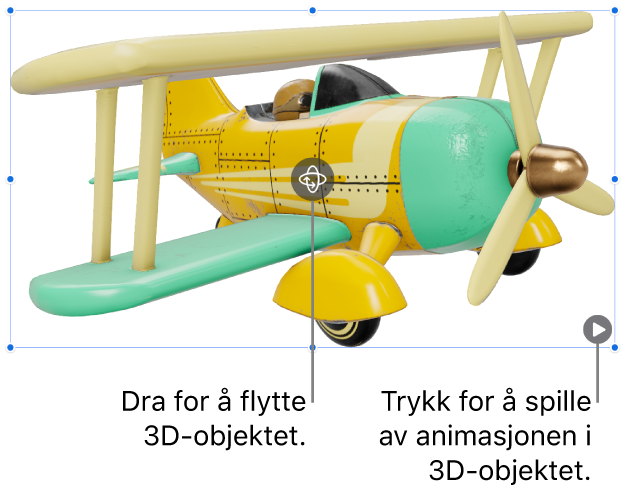 Et 3D-objekt med Roter-knappen i midten av objektet og Spill av-knappen nederst til høyre.