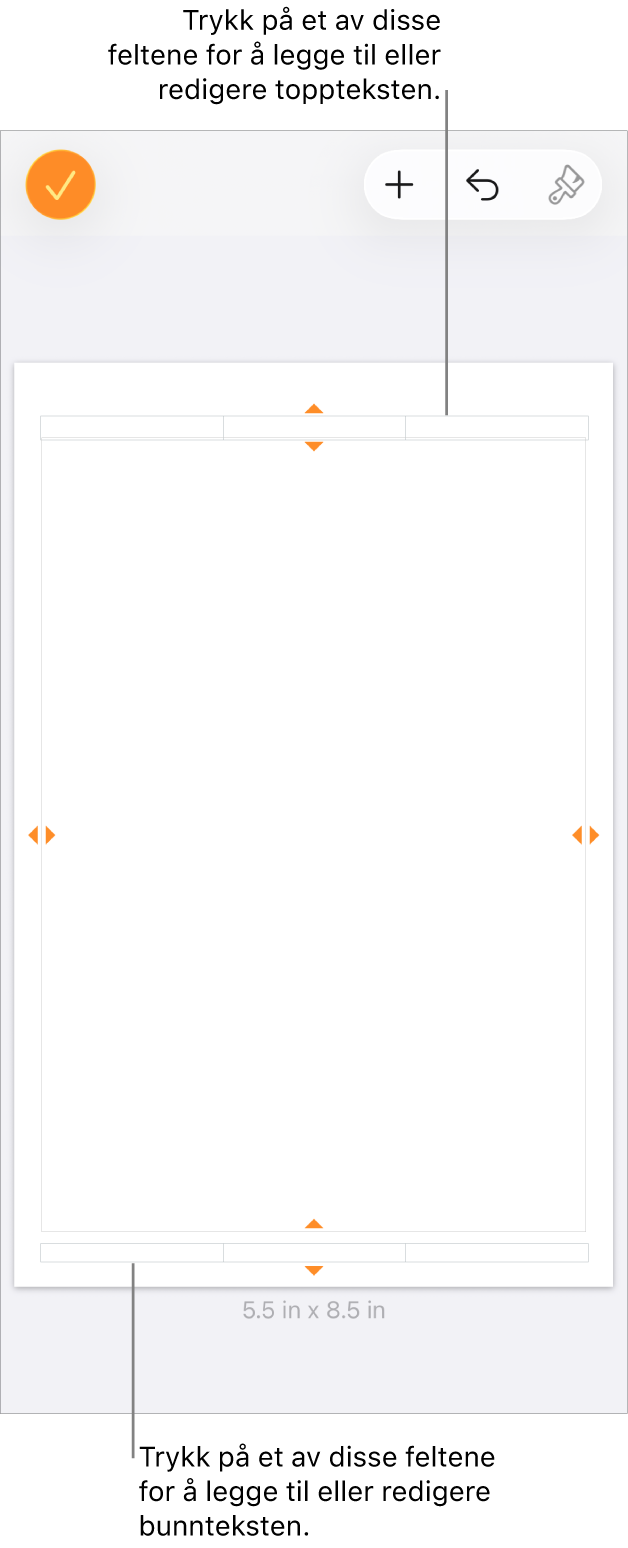 Flere valg-visningen med tre felter øverst i dokumentet for topptekster og tre felter nederst for bunntekster.
