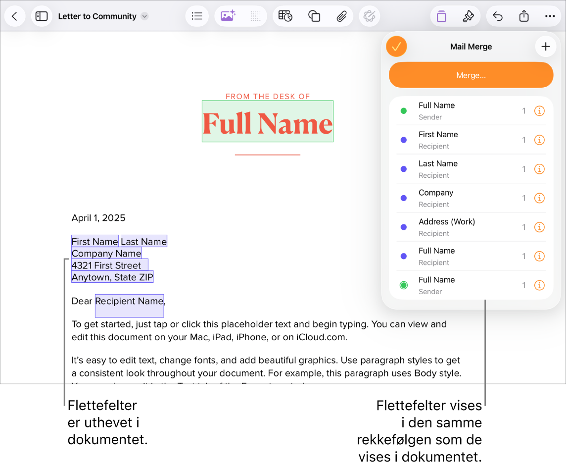 Pages-dokument med flettefelt for mottaker og avsender og en forekomstliste for flettefelt synlig i Dokument-sidepanelet.