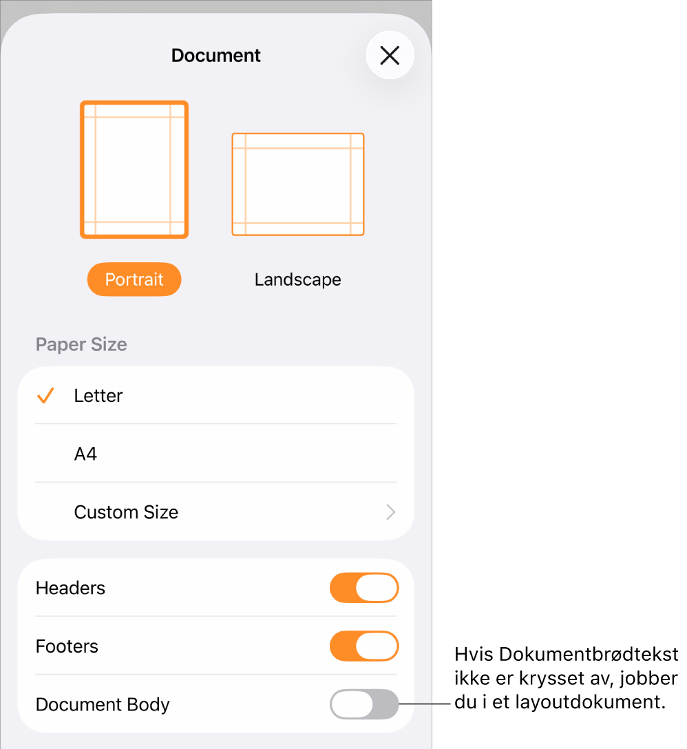 Et sidelayoutdokument der Dokumentoppsett er åpent og Dokumentbrødtekst-avkrysningsruten ikke er markert.