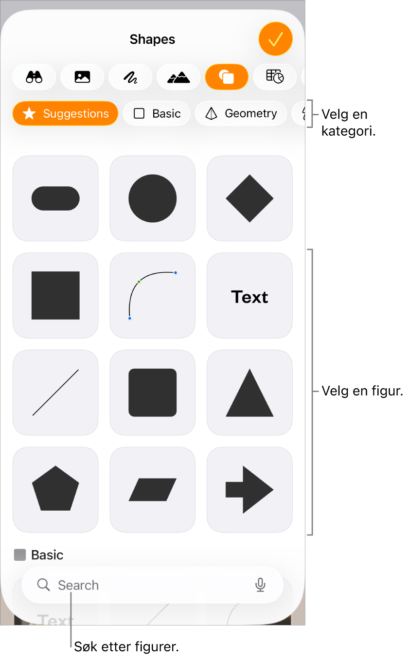 Figurbiblioteket, som viser kategorier øverst og figurer nedenfor. Du kan bruke søkeknappen øverst til å finne figurer, og du kan sveipe for å se mer.