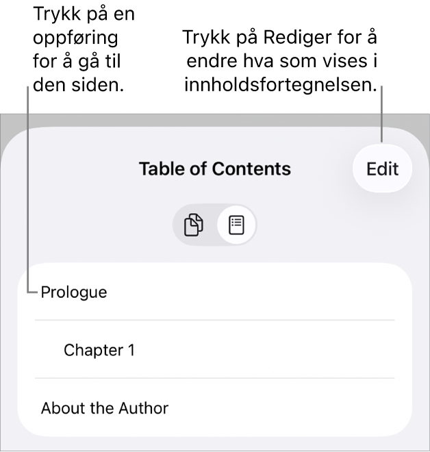 Innholdsfortegnelsesvisningen, med overskrifter i en liste. En Rediger-knapp er øverst til høyre, og nederst er Sideminiatyr- og Innholdsfortegnelse-knappene.