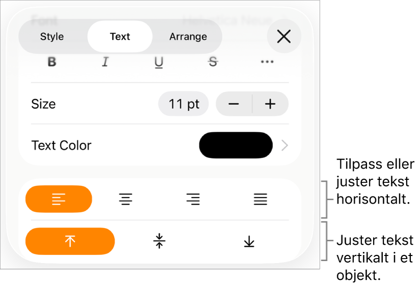 Layout-panelet, med bildeforklaringer for tekstjusterings- og avstandsknappene.