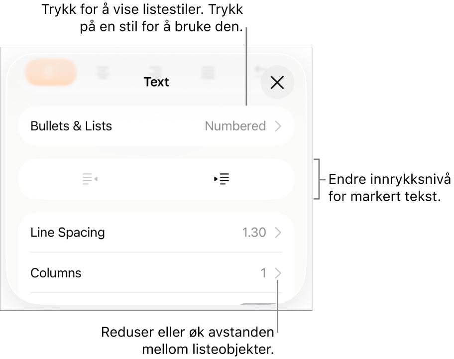 Punkttegn og lister-delen i Format-kontroller med bildeforklaringer for Punkttegn og lister, utrykk- og innrykk-knapper og linjeavstandskontroller.
