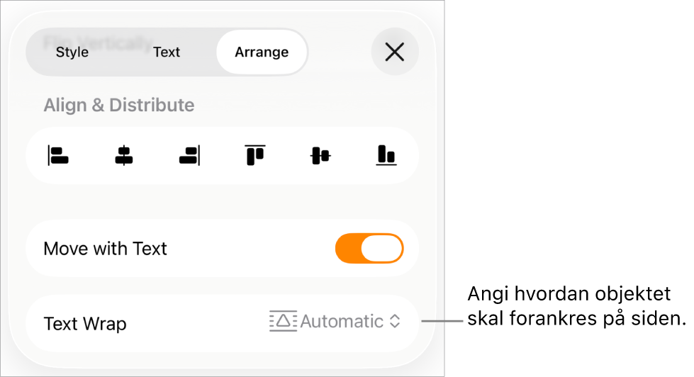Ordne-kontrollene med Flytt med tekst og Tekstbryting.
